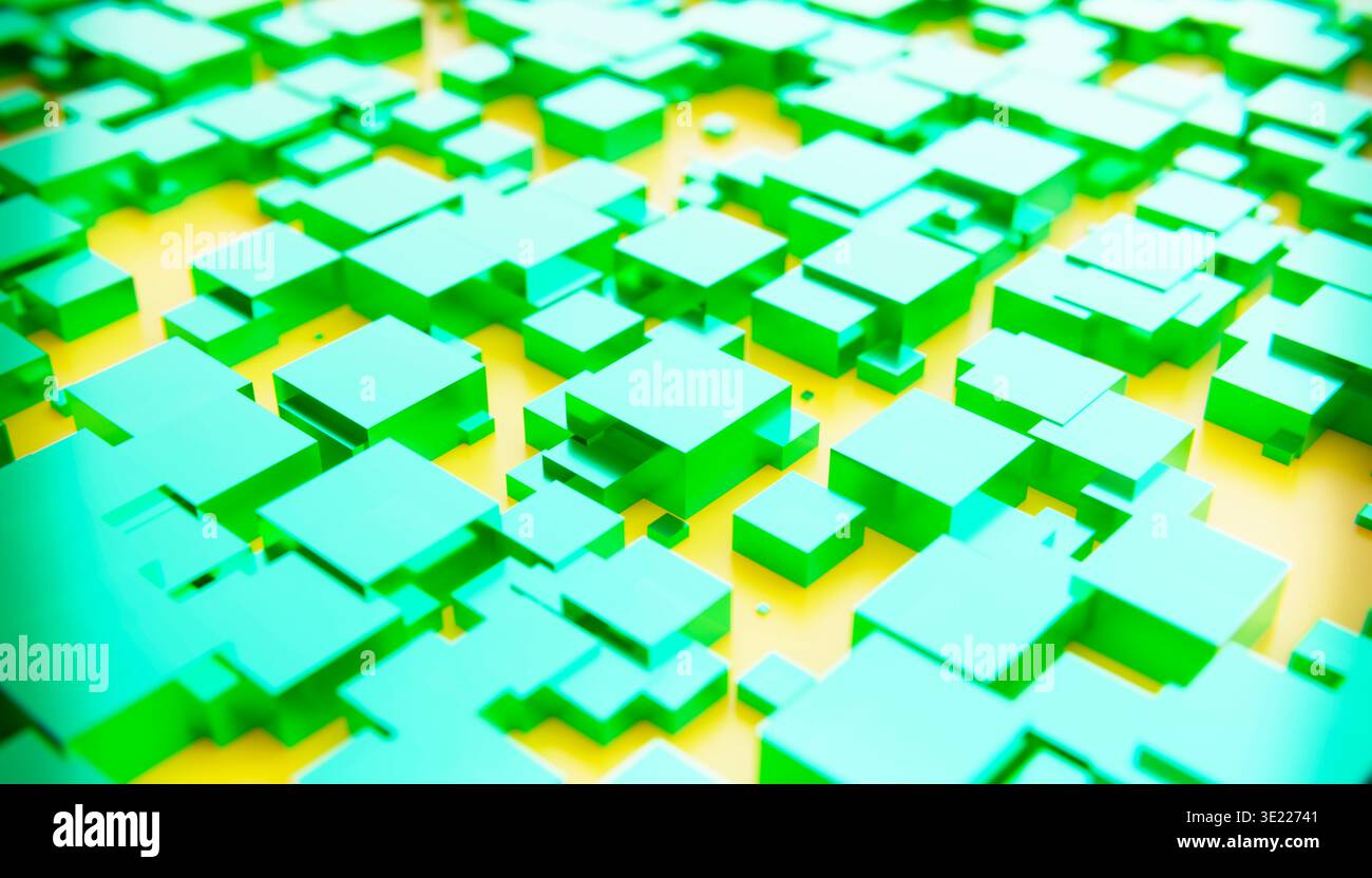 Schema geometrico 3D astratto verde e giallo con cubi a incastro. Illustrazione, rendering Foto Stock