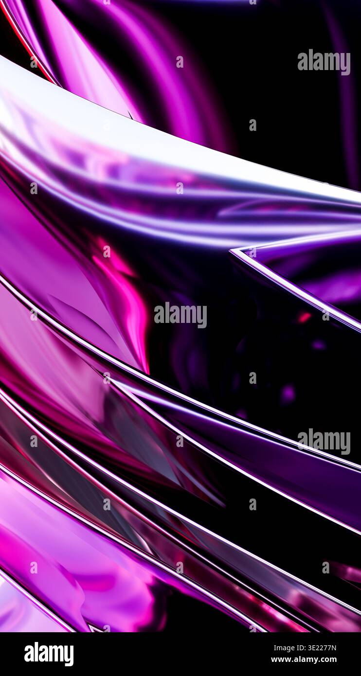 Forme metalliche rosa e viola astratte e vorticose con una superficie lucida e riflettente. Illustrazione, rendering Foto Stock