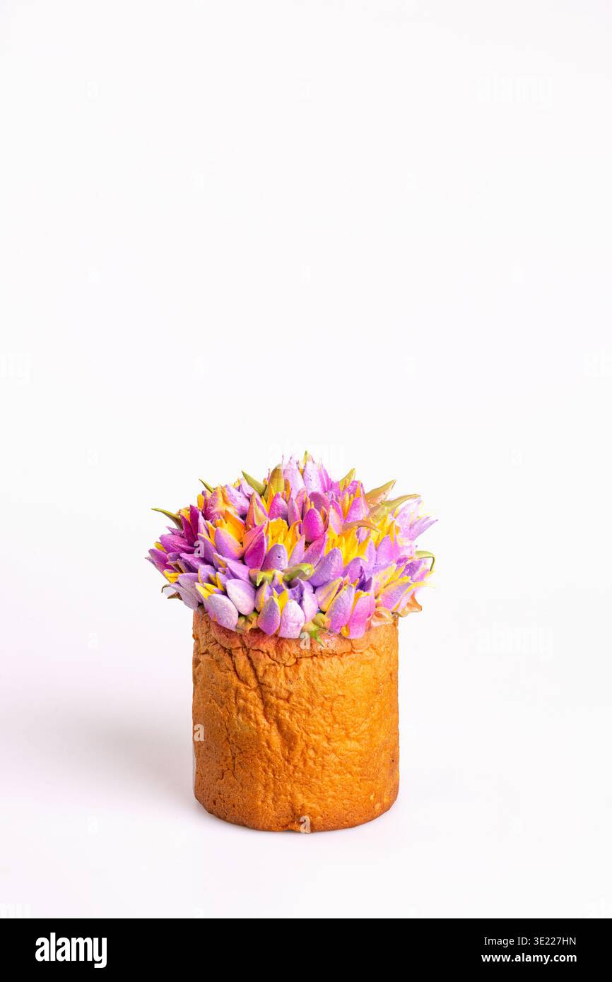 Bellissimo kulich pasquale ortodosso con crosta marrone-dorata e delicata decorazione di fiori di croco viola realizzata con glassa o fondente su fondo bianco pulito Foto Stock
