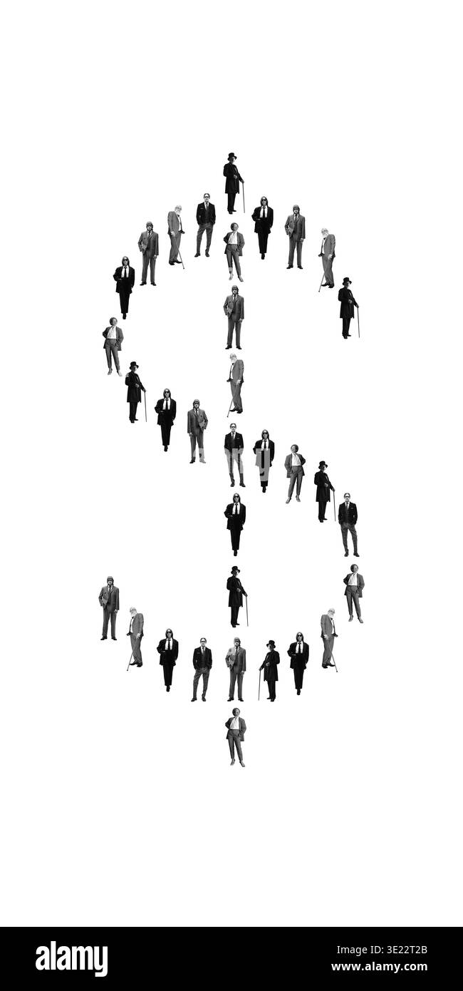 Gruppo di persone d'affari disposte in forma di simbolo del dollaro che rappresenta la ricchezza finanziaria e il flusso di denaro. Foto Stock