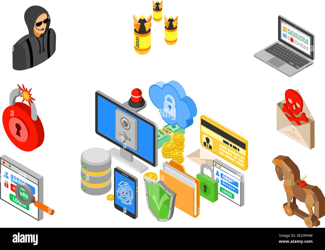 Concetto di cyber crimine e hacking e protezione dei dati con icone isometriche piatte come scudo, impronte digitali, antivirus, hacker, cassaforte e flasher. il vettore Illustrazione Vettoriale