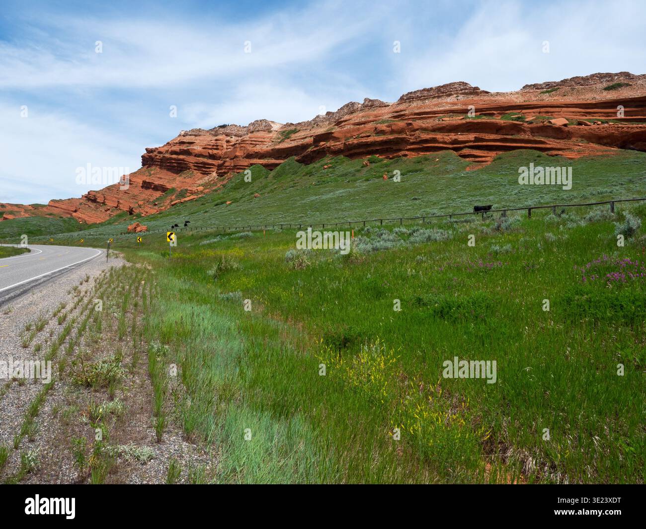 Cresta di montagna e scogliera di arenaria rossa con pianure erbose accanto alla Chief Joseph Scenic Highway, Wyoming, USA, luglio 2019 Foto Stock