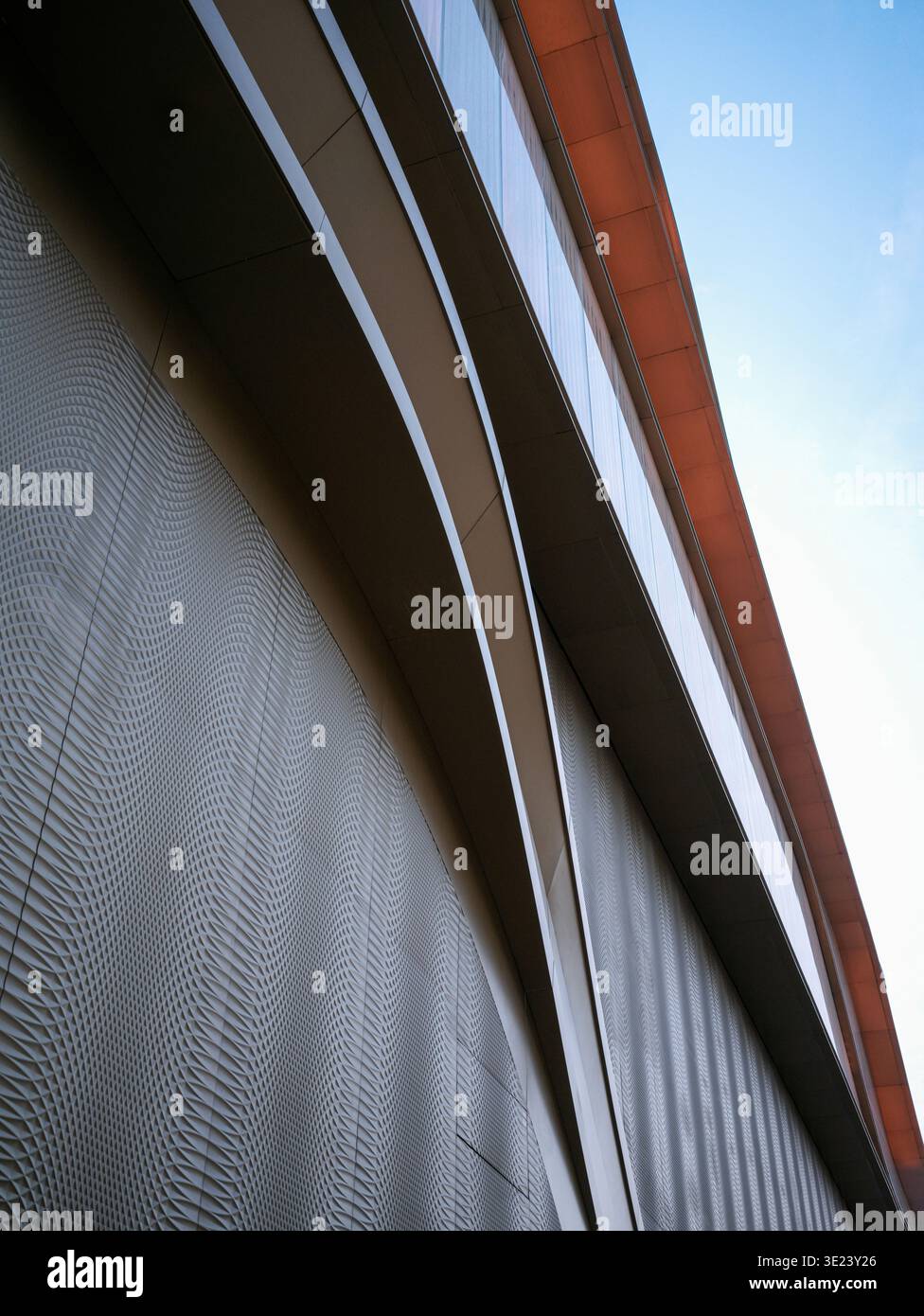 Ripresa architettonica verticale incentrata sulla spettacolare struttura diagonale e sull'intricata trama ondulata di una facciata in rete metallica su un edificio moderno. Ciao Foto Stock