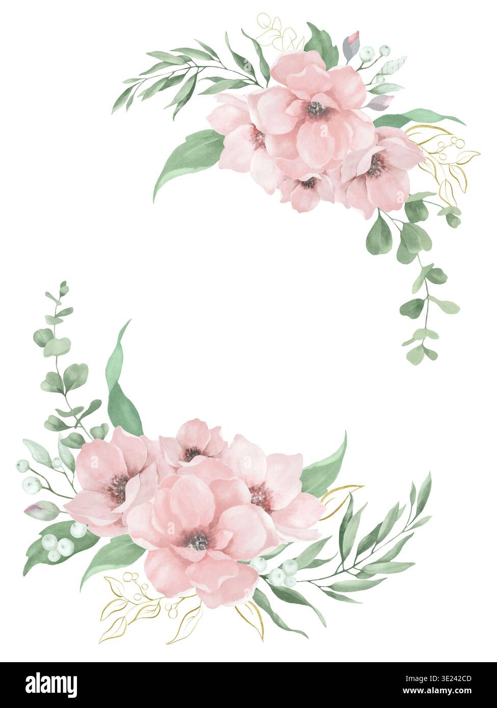 Cornice floreale ad acquerello dipinta a mano con fiori rosa? foglie verdi di eucalipto su sfondo bianco. Foto Stock