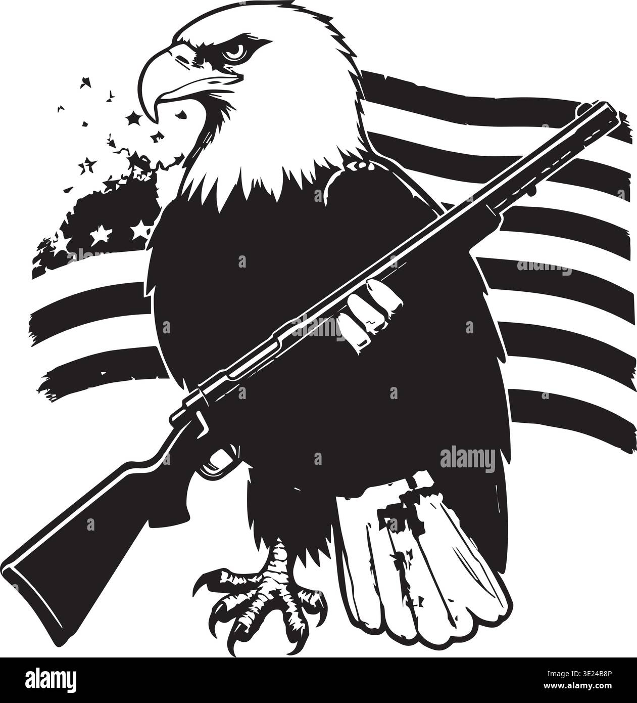 Fucile Bald Eagle Holding con design vettore Patriotic American Flag Illustrazione Vettoriale