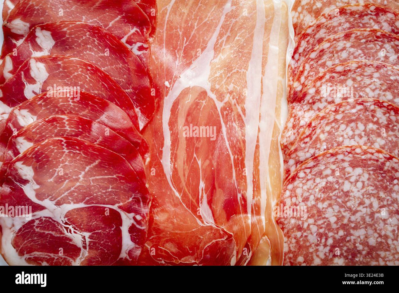 Vari tipi di affettati, tra cui prosciutto, salame e altre specialità, sono splendidamente disposti su un piatto, mostrando le loro consistenze e. Foto Stock