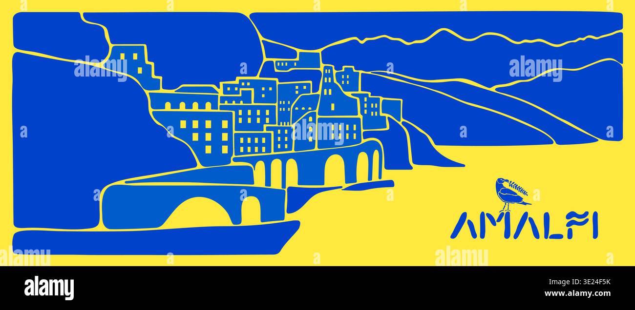 Illustrazione del paesaggio della Costiera Amalfitana con case estive italiane del Mediterraneo. Banner orizzontale con mare giallo e blu, piastrelle della città di Positano e. Illustrazione Vettoriale