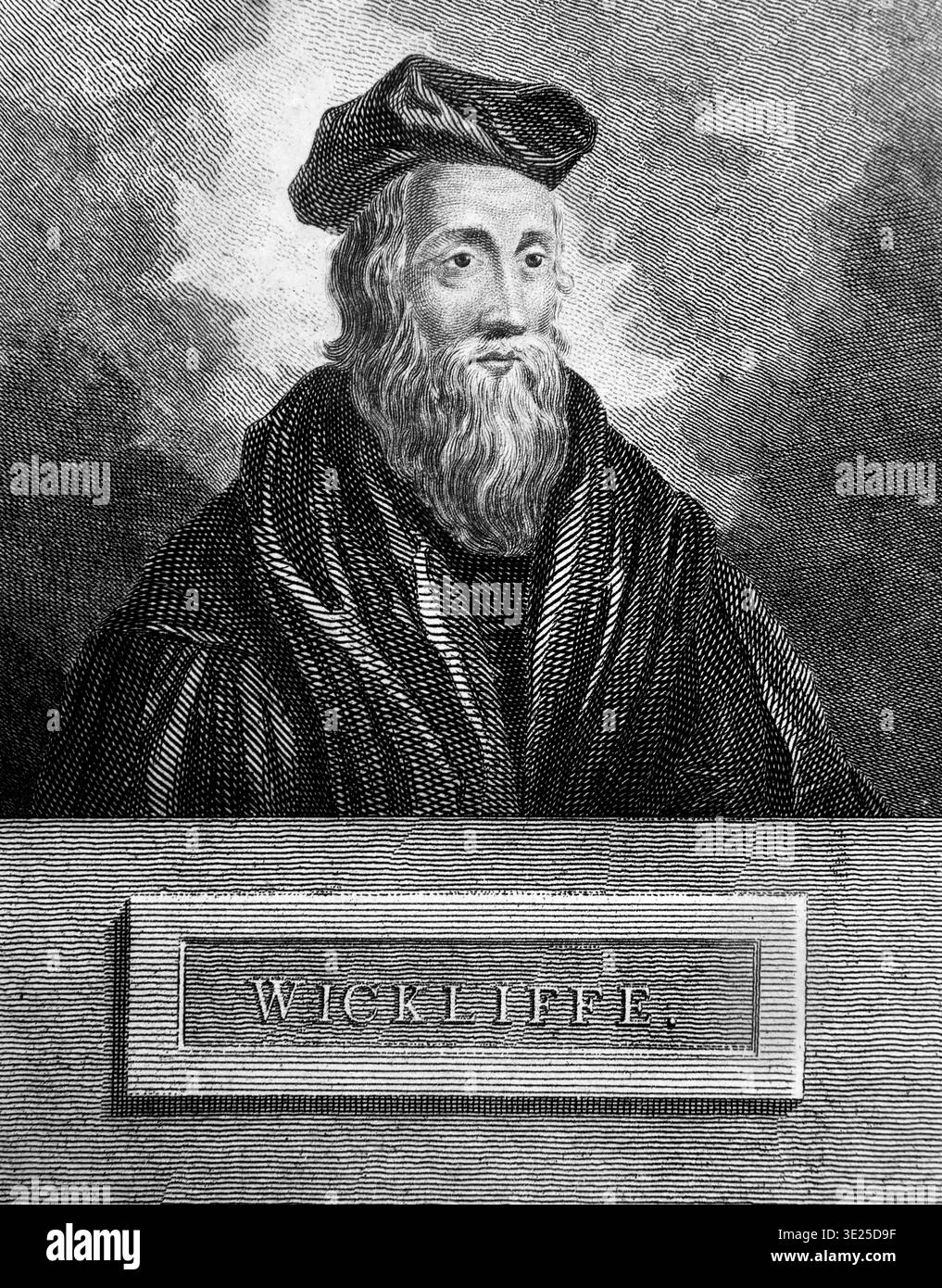 Ritratto di John Wickliffe 1328-1384 filosofo inglese, sacerdote cattolico e primo riformatore cristiano che morì per cause naturali ma fu nominato qui Foto Stock