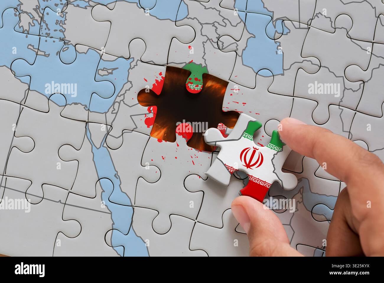 Immagine concettuale dell'Iran, degli Stati Uniti, della crisi di guerra di Israele che influisce sull'equilibrio geopolitico globale Foto Stock