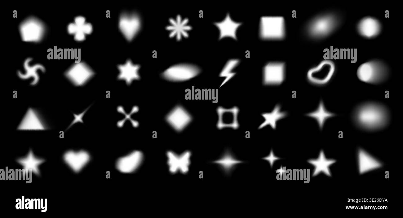Forma sfocata bianca con gradiente morbido fluido su sfondo nero. Lobi geometrici leggeri, stella e cuore, fulmini e vortice con aura liquida per Y2K Illustrazione Vettoriale