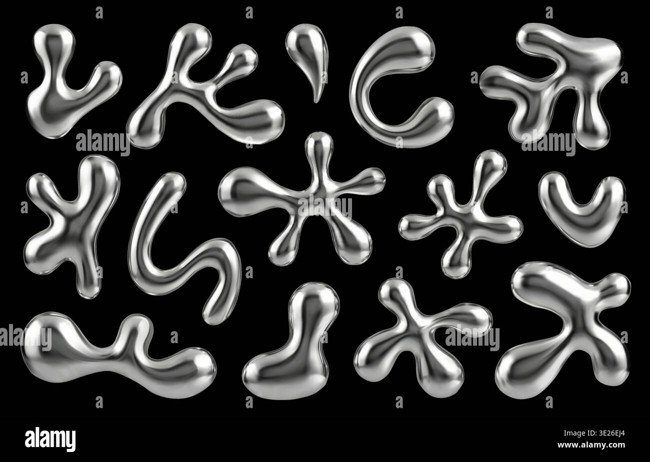 Cromo liquido 3d con goccia metallica blob e set di metallo lucido. Forma a mercurio riflettente con lucente futuristico y2k e ciberorganico vettoriale. Amorfo Illustrazione Vettoriale