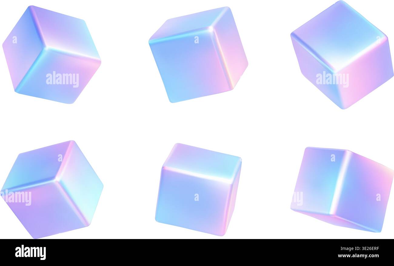 Rendering olografico 3d per cubi set di cubi al neon e bagliore morbido gradiente. Vettoriale holo iridescente per tecnologia arcobaleno lucida, liscia e geometrica Illustrazione Vettoriale