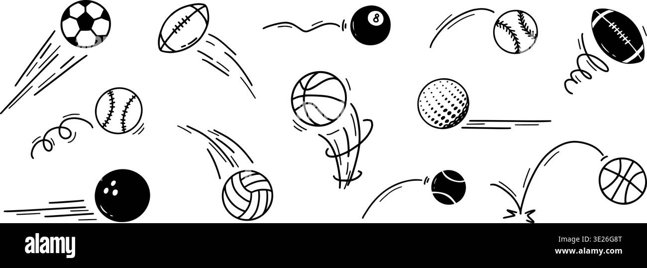 Palloni sportivi calcio con pallone rimbalzante per pallacanestro pallavolo baseball. Tennis, golf, bowling con biliardo, piscina, rugby per giocare a doodle Illustrazione Vettoriale