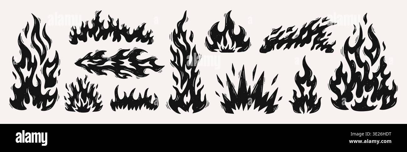Set di fiamme stilizzate nere, forme di fuoco ardenti, energia calda intensa, atmosfera pericolosa. Logo, adesivo, tatuaggio, poster, corse, design di abbigliamento, grunge hand Illustrazione Vettoriale