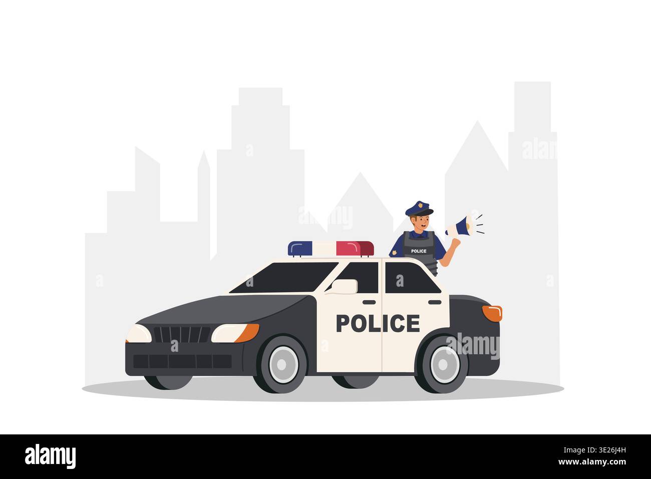 Negoziatore professionista. Uomo con megafono in uniforme della polizia in piedi vicino alla macchina della polizia e che ordina ai criminali di arrendersi. Illustrazione Vettoriale