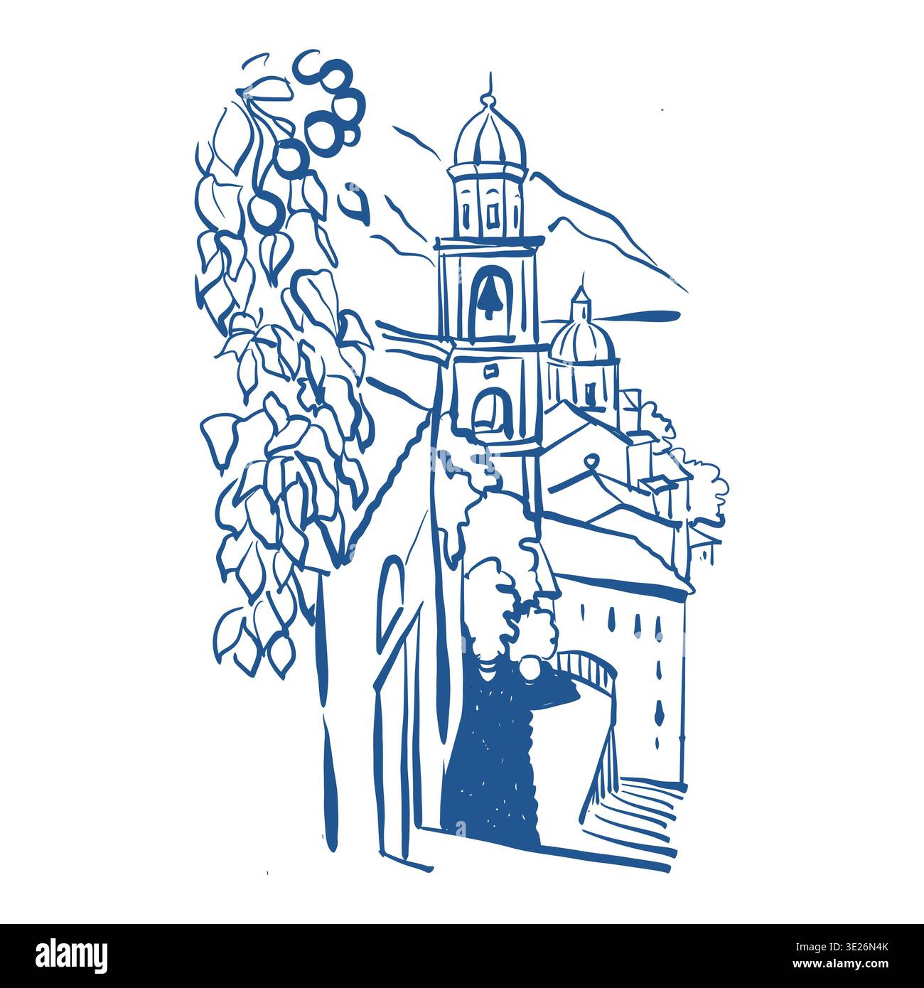Schizzo architettonico. Illustrazione disegnata a mano dell'isola di Santorini, Grecia. Illustrazione line art in blu, isolata su sfondo bianco. Cartolina da viaggio disegnata a mano. Illustrazione vettoriale. Illustrazione Vettoriale