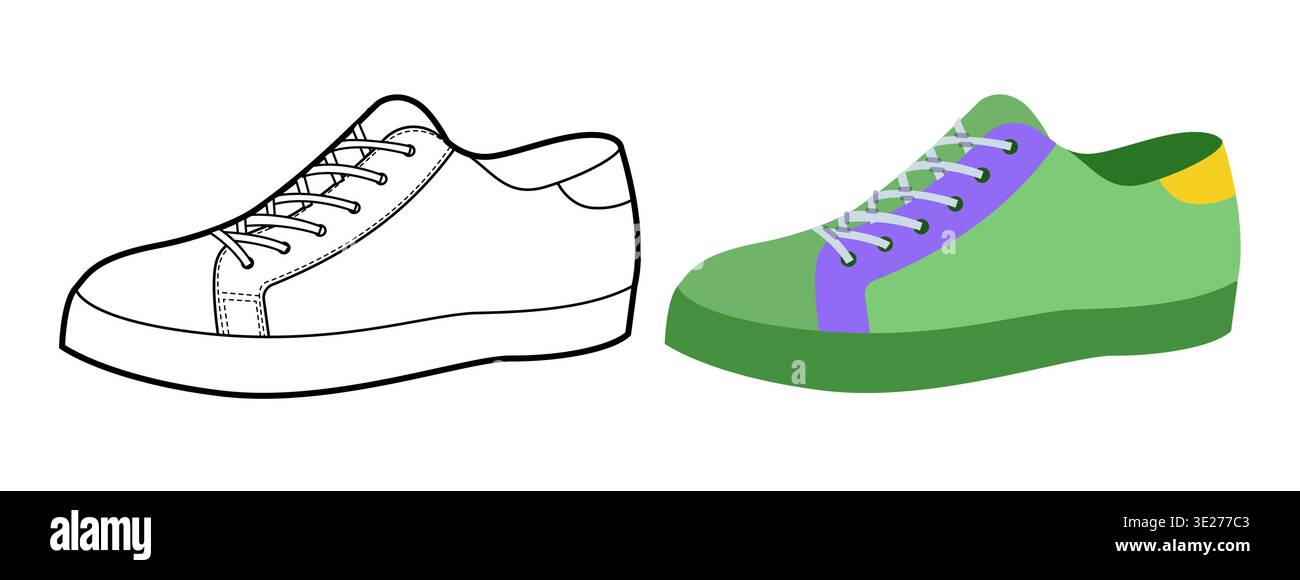 Set di scarpe da ginnastica basse Flat Plus. Sneaker lifestyle per applicazioni di moda, icone web, uomo donna unisex. Illustrazione tecnica di moda, mockup CAD, stile di tendenza isolato da vettori misti. Illustrazione Vettoriale