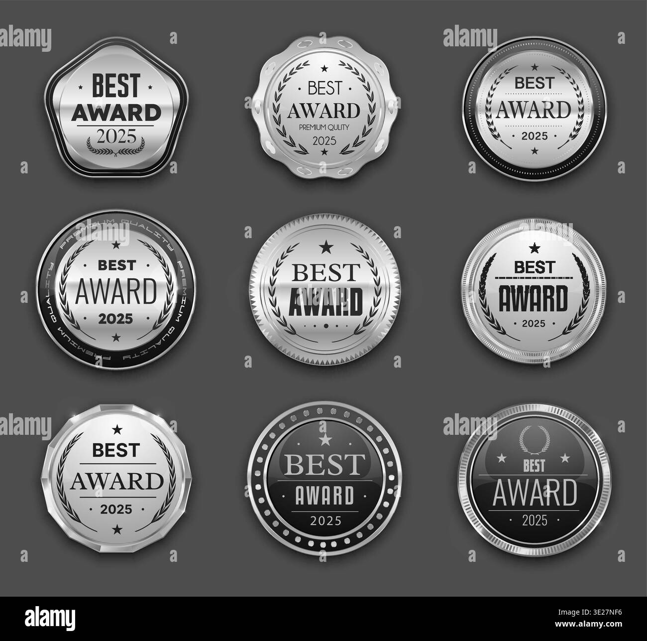 Sigilli, badge ed etichette Silver Best Award, medaglia di lusso con corone d'alloro. I sigilli vettoriali premium simboleggiano la vittoria e l'eccellenza. Stemmi in argento con lucentezza metallizzata per onorare le migliori prestazioni Illustrazione Vettoriale