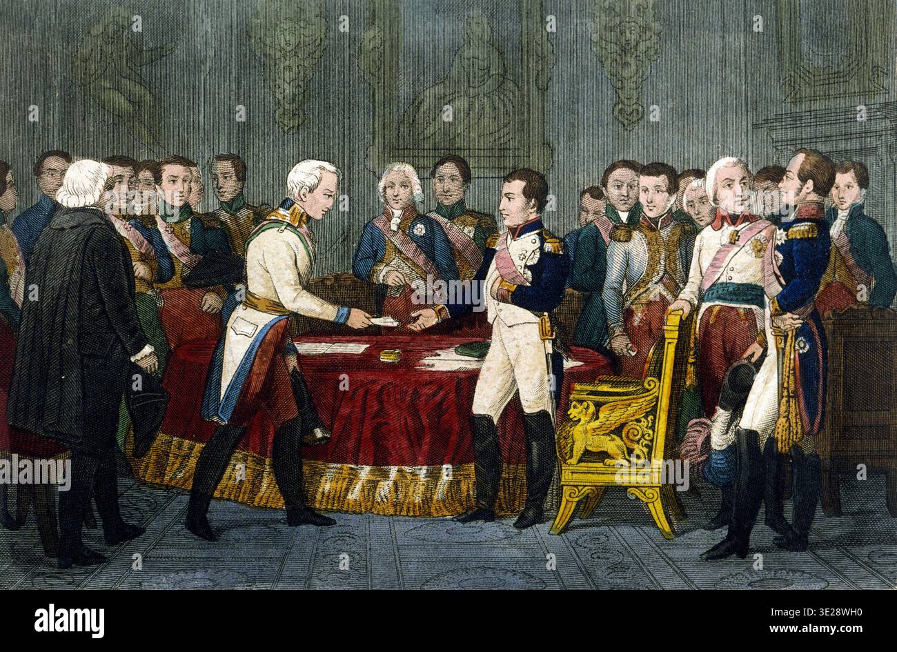 Napoleone ad Erfurt, 1808 - Napoleone Ier (1769 - 1821) rencontre Alexandre Ier a Erfurt en 1808. Gravure du 19eme siecle. - Riunione di Erfurt (o "Congresso di Erfurt"), dal 27 settembre al 14 ottobre 1808: Napoleone i riceve Nicolas-Charles de Vincent ambasciatore austriaco dell'imperatore d'Austria. Al centro, tra i due personaggi c'è Charles Maurice de Talleyrand Perigord (1754-1838). Foto Stock
