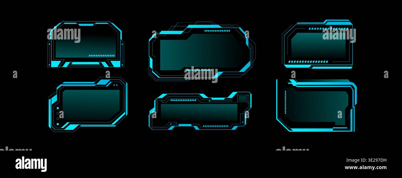 Elementi dell'interfaccia utente tecnologia telaio con design dell'interfaccia HUD luminoso. Schermo di gioco cyberpunk con cornici digitali ed elementi tecnologici olografici. Pannello di controllo dell'interfaccia utente futuristica con elementi al neon e caselle di testo Illustrazione Vettoriale
