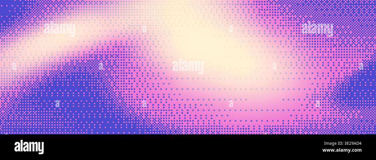Sfondo con texture pixel al neon con pattern a onde viola e arancione sfumate. Effetto retinatura bitmap retrò con grana a punti per il design del gioco. Brillante glitch art a 8 bit con sovrapposizione geometrica dei mezzitoni. Illustrazione Vettoriale