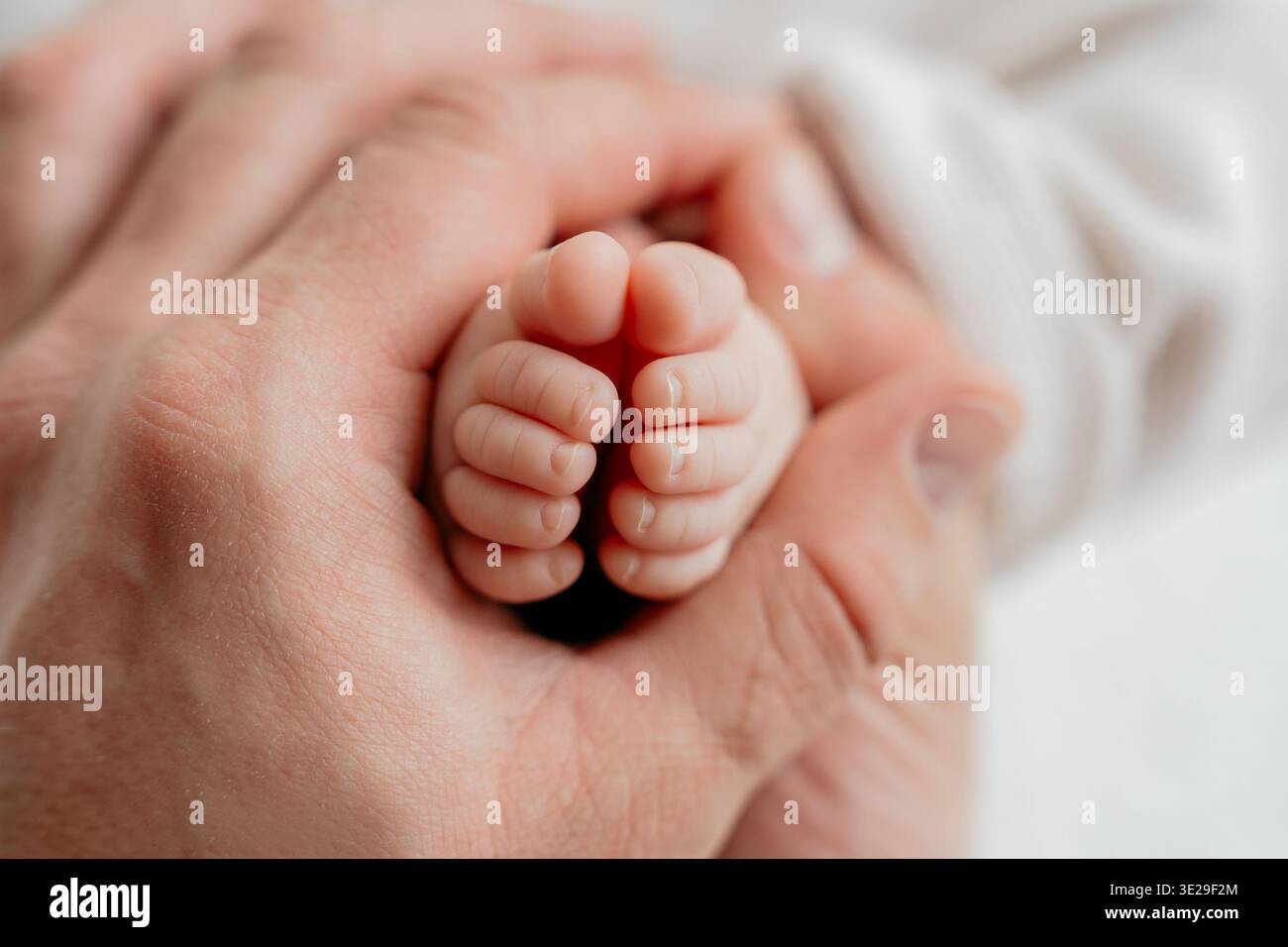 Primo piano dei piedi del neonato tenuti delicatamente dalle mani dei genitori. Tenero momento di amore, cura e legame familiare. Concetto di genitorialità, protezione e. Foto Stock