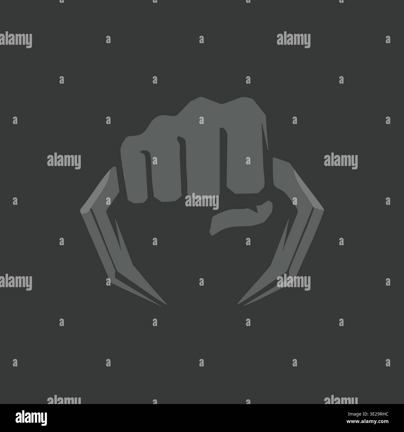 Immagine in stile emblema audace di un pugno rialzato centrato all'interno di una cornice a forma di artiglio angolare su sfondo scuro. Illustrazione Vettoriale