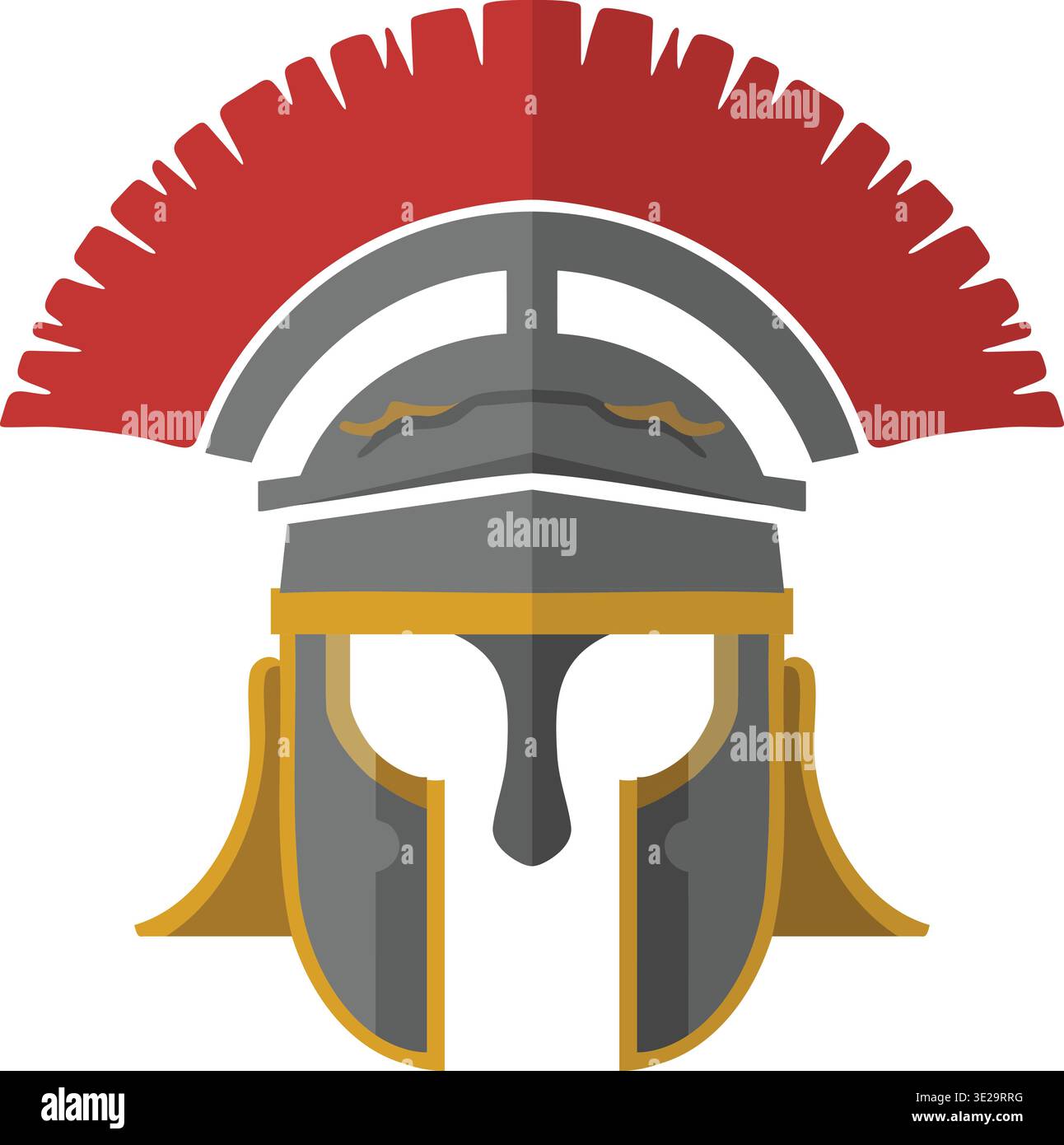Illustrazione con vista frontale stilizzata di un classico casco da soldato con un alto pennacchio rosso e protezioni protettive per le guance. Illustrazione Vettoriale
