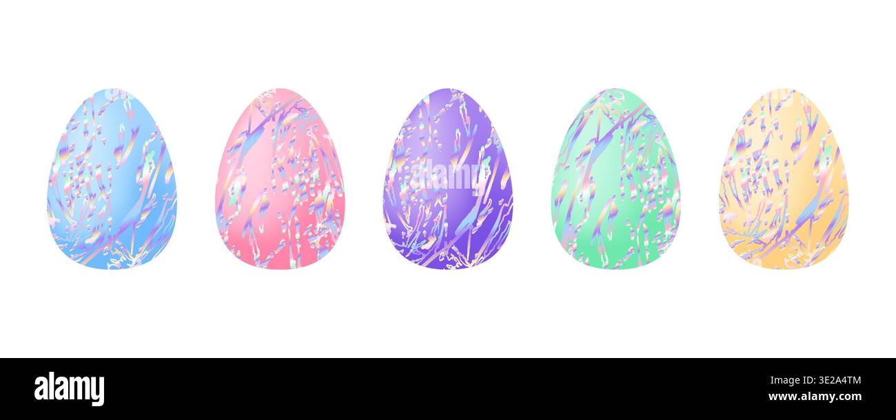 Set di uova di Pasqua con trama olografica. Uova di Pasqua pastello isolate e iridescenti per le vacanze primaverili con effetto gradiente ed effetto marmo. Modificabile Illustrazione Vettoriale