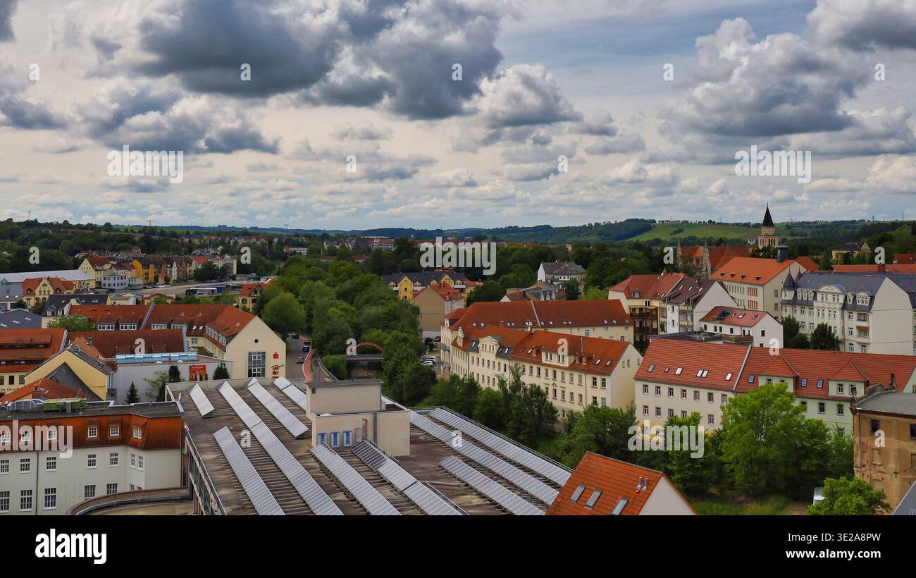 Vista della città di Döbeln in Sassonia: Panorama dalla torre del municipio sulla città vecchia con edifici residenziali, viali verdi e nuvole Foto Stock