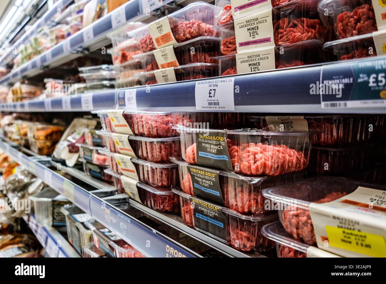 Londra Regno Unito 19 marzo 2026, Selezione degli ingredienti di cottura di manzo macinato crudo confezionato e maiale Foto Stock