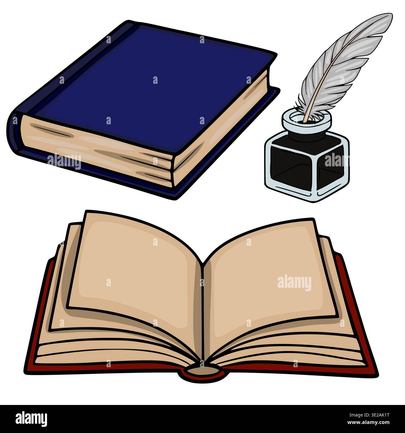 Illustrazione vettoriale di un libro aperto, di un libro chiuso e di un pozzetto di inchiostro con penna Illustrazione Vettoriale
