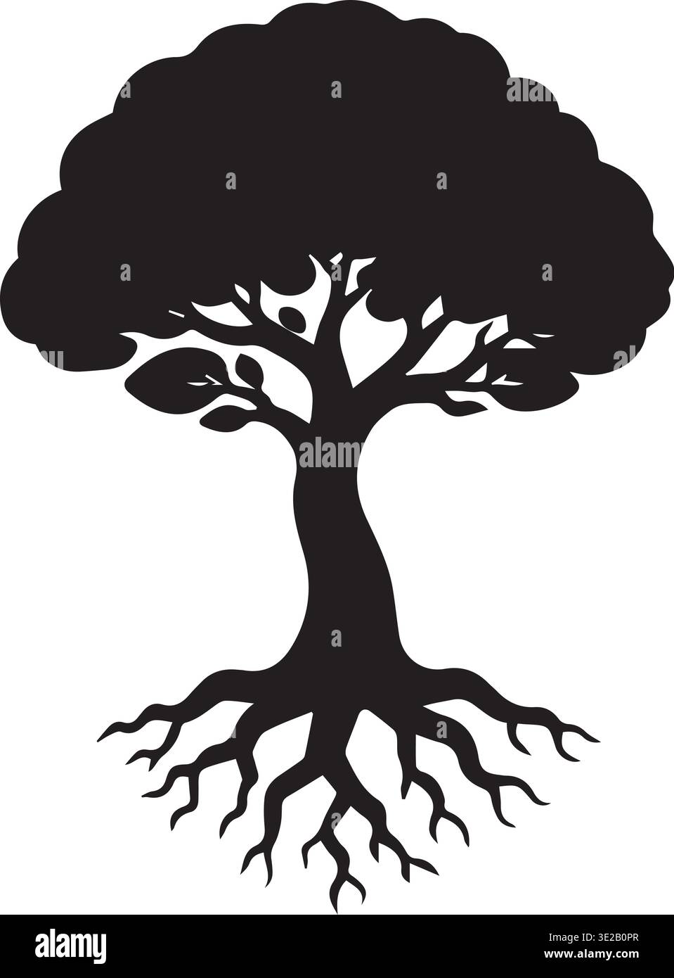 Silhouette Black Tree of Life con radici e baldacchino frondoso Illustrazione Vettoriale