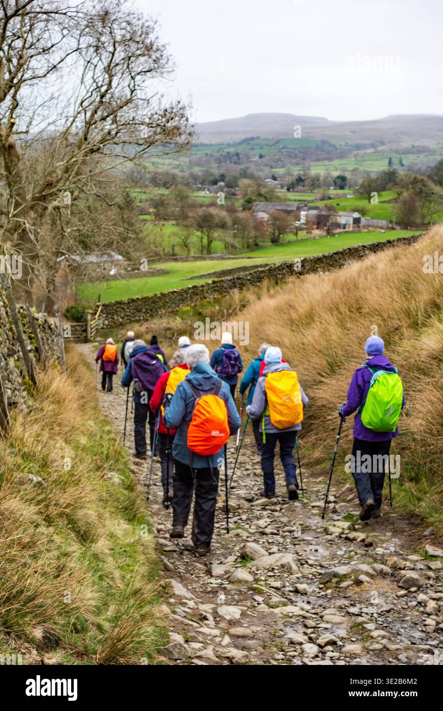 Gruppo di escursionisti che si arrampicano e fanno lo zaino in spalla lungo il sentiero di lunga distanza Dales Way che si avvicina al villaggio Cumbro di Sedbergh Foto Stock