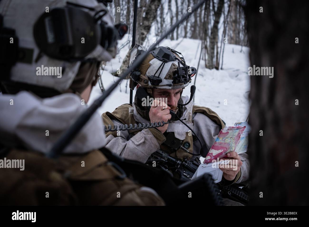 Un soldato dell'esercito norvegese consulta una mappa mentre pattuglia con il suo plotone vicino a Bardufoss durante l'esercitazione Cold Response 26. Cold Response è di Norvegia Foto Stock