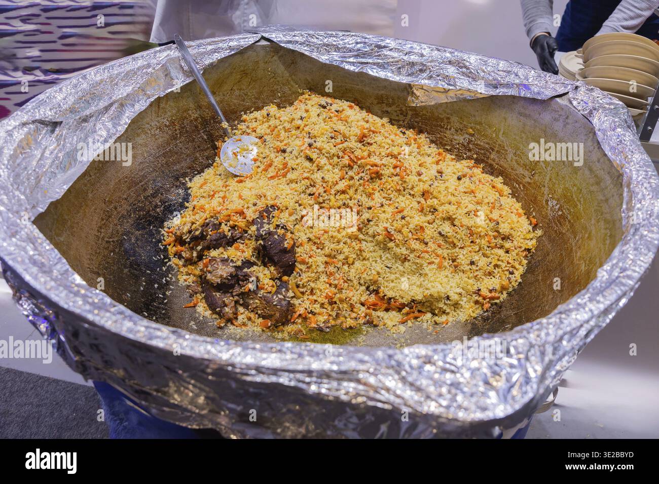 Una grande ciotola piena di un vivace piatto di riso e carne, che mostra colori e consistenze ricche, invitante esperienza culinaria Foto Stock