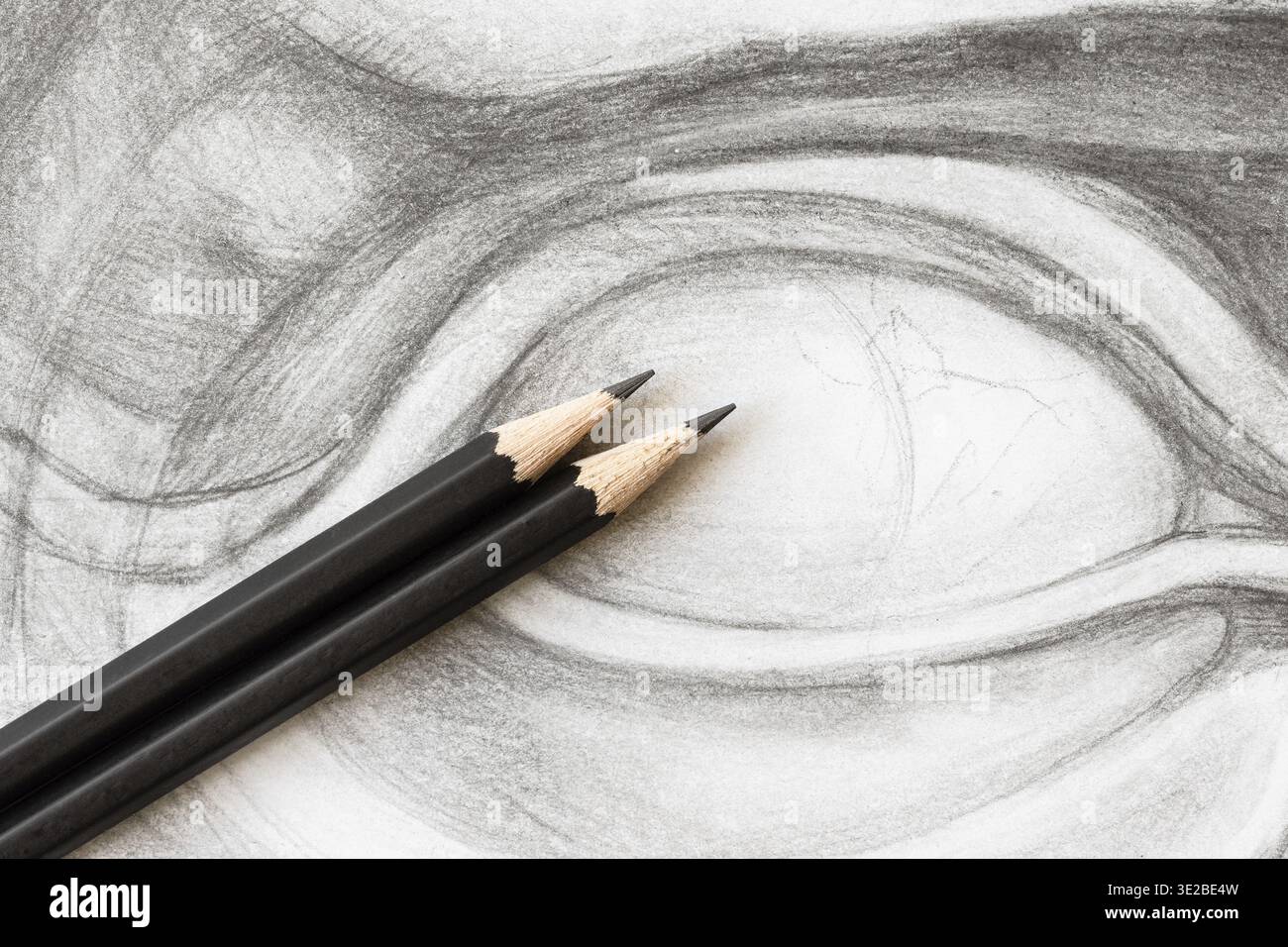 Due matite in legno di grafite su disegno accademico disegnato a mano dell'occhio di David da vicino Foto Stock