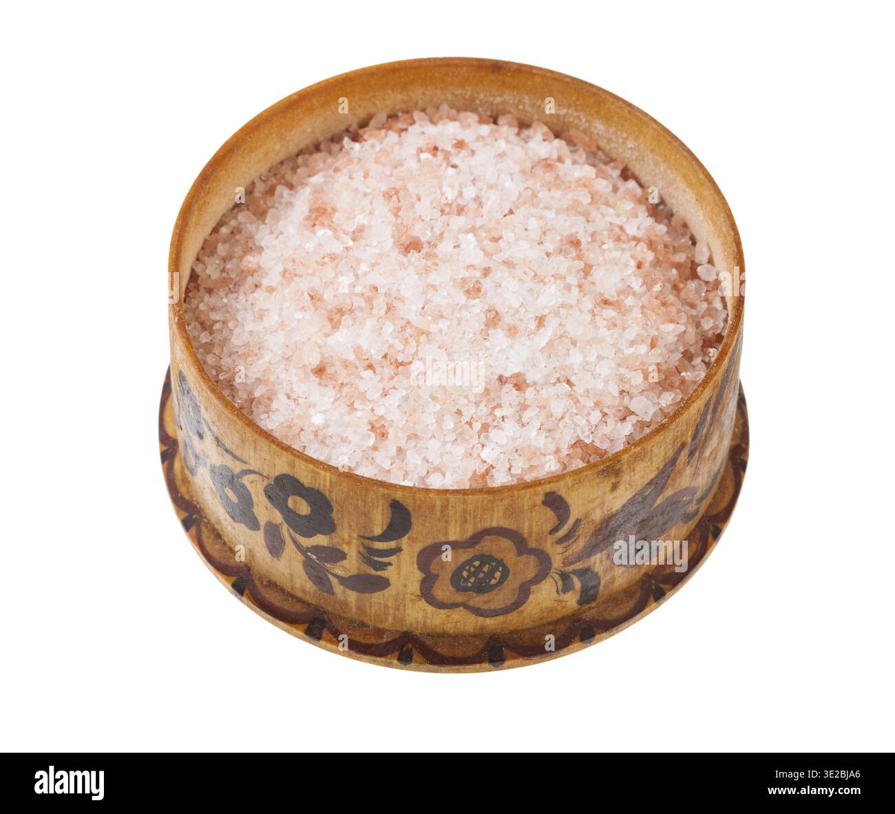 Cantina di sale in legno con sale rosa dell'Himalaya isolato su sfondo bianco Foto Stock