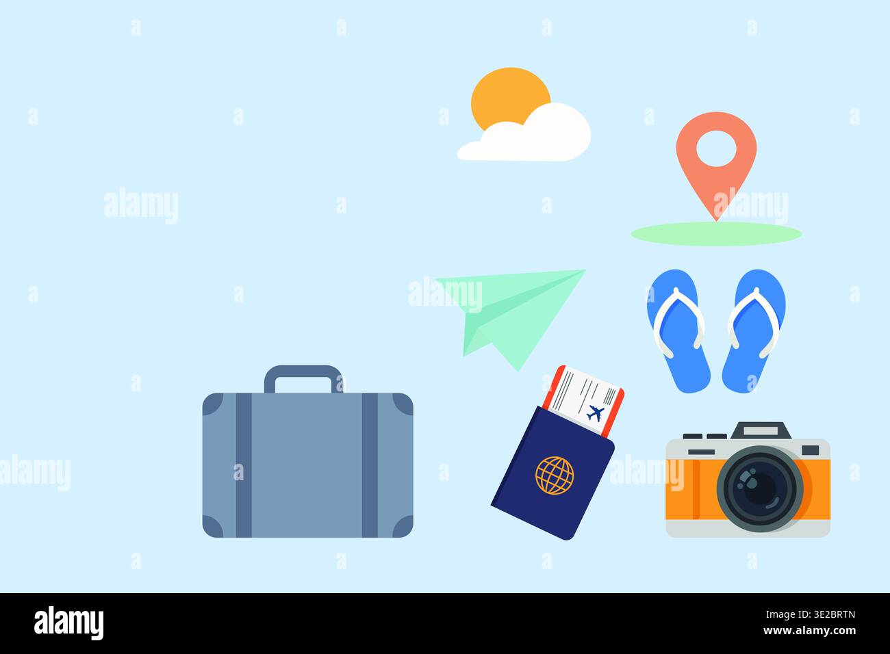 Illustrazione vettoriale piatta delle icone di viaggio e vacanza, tra cui valigia, passaporto con carta d'imbarco, macchina fotografica, infradito, aereo di carta e posizione Foto Stock