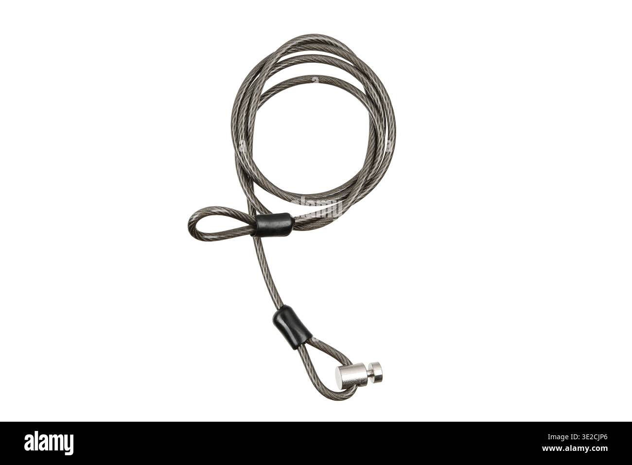 Cavo di sicurezza in acciaio a spirale con un bullone di fissaggio per la protezione dell'apparecchiatura. Foto Stock