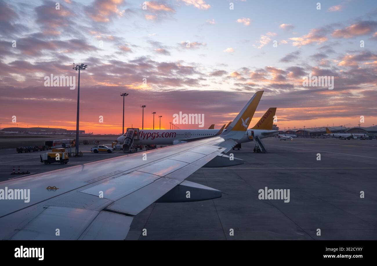 Ala dell'aeroplano passeggeri al piazzale dell'aeroporto durante l'alba con getti parcheggiati attrezzature di supporto al suolo e nuvole pastello scintillanti che creano un viaggio e avia Foto Stock