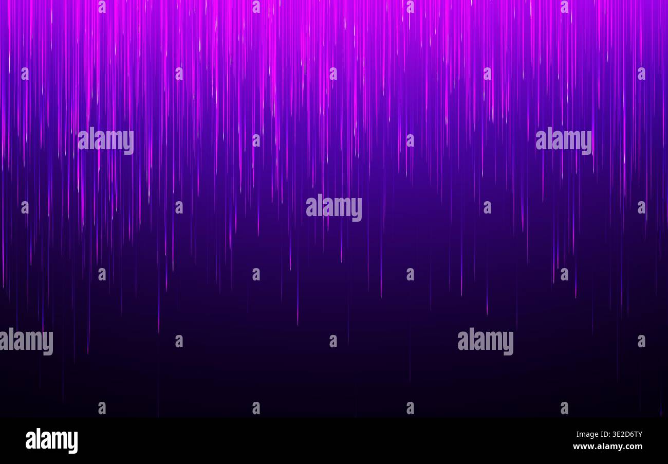 Sfondo dati digitale con linee al neon brillanti. Avveniristico effetto pioggia brillante con sfumature viola. Sfondo del flusso di dati della tecnologia. Cyber-light Illustrazione Vettoriale