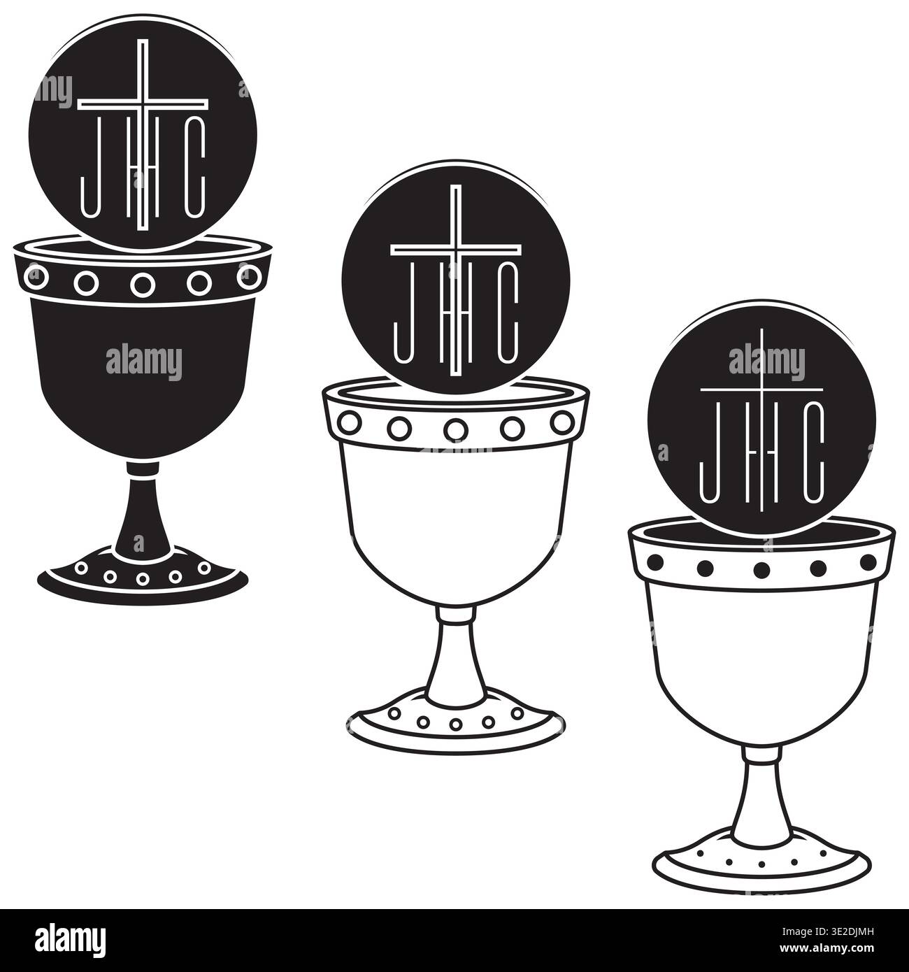 Disegno minimalista in bianco e nero che mostra i contorni e le linee essenziali di un calice metallico e dell'ospite cristiano. Ideale per gra sobrio ed elegante Illustrazione Vettoriale