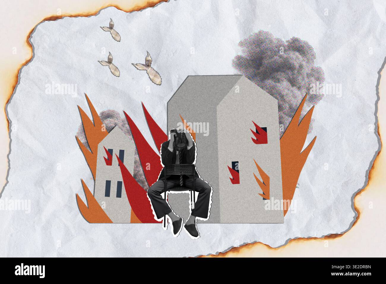 Collage di guerra di disperazione Una figura angosciosa tra edifici in fiamme. Foto Stock