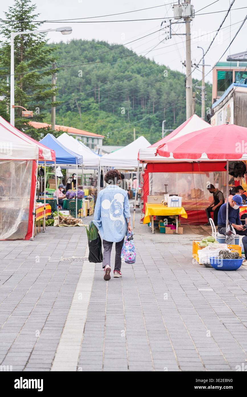 Gli amanti dello shopping camminano attraverso un vivace e tradizionale vicolo del mercato fiancheggiato da tende blu, catturando una vivace scena documentaria. Foto Stock