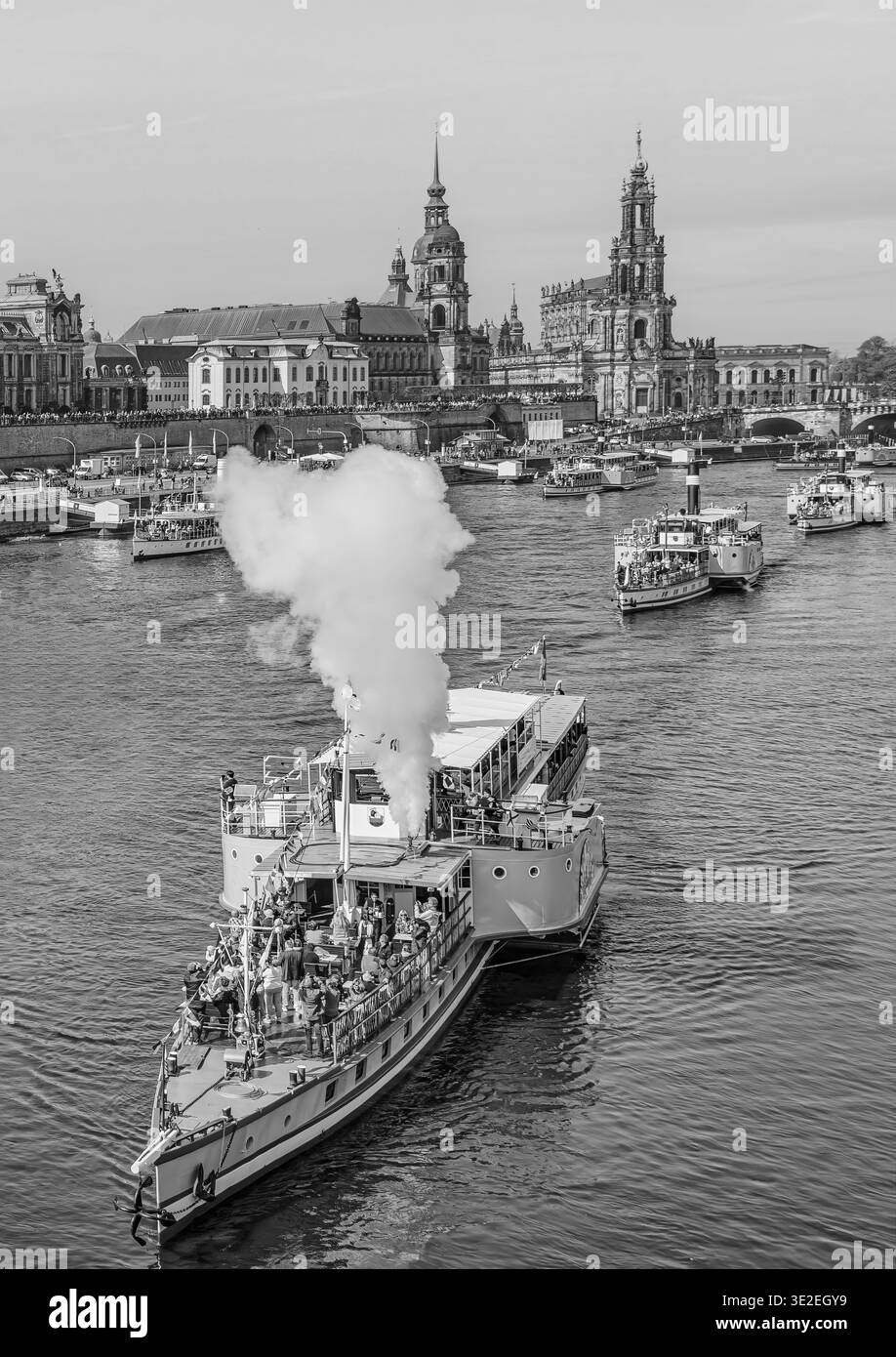 Storici piroscafi a pale presso la sfilata dei battelli a vapore di Dresda sul fiume Elba con Frauenkirche e la terrazza di Brühl, Sassonia, Germania, in bianco e nero Foto Stock