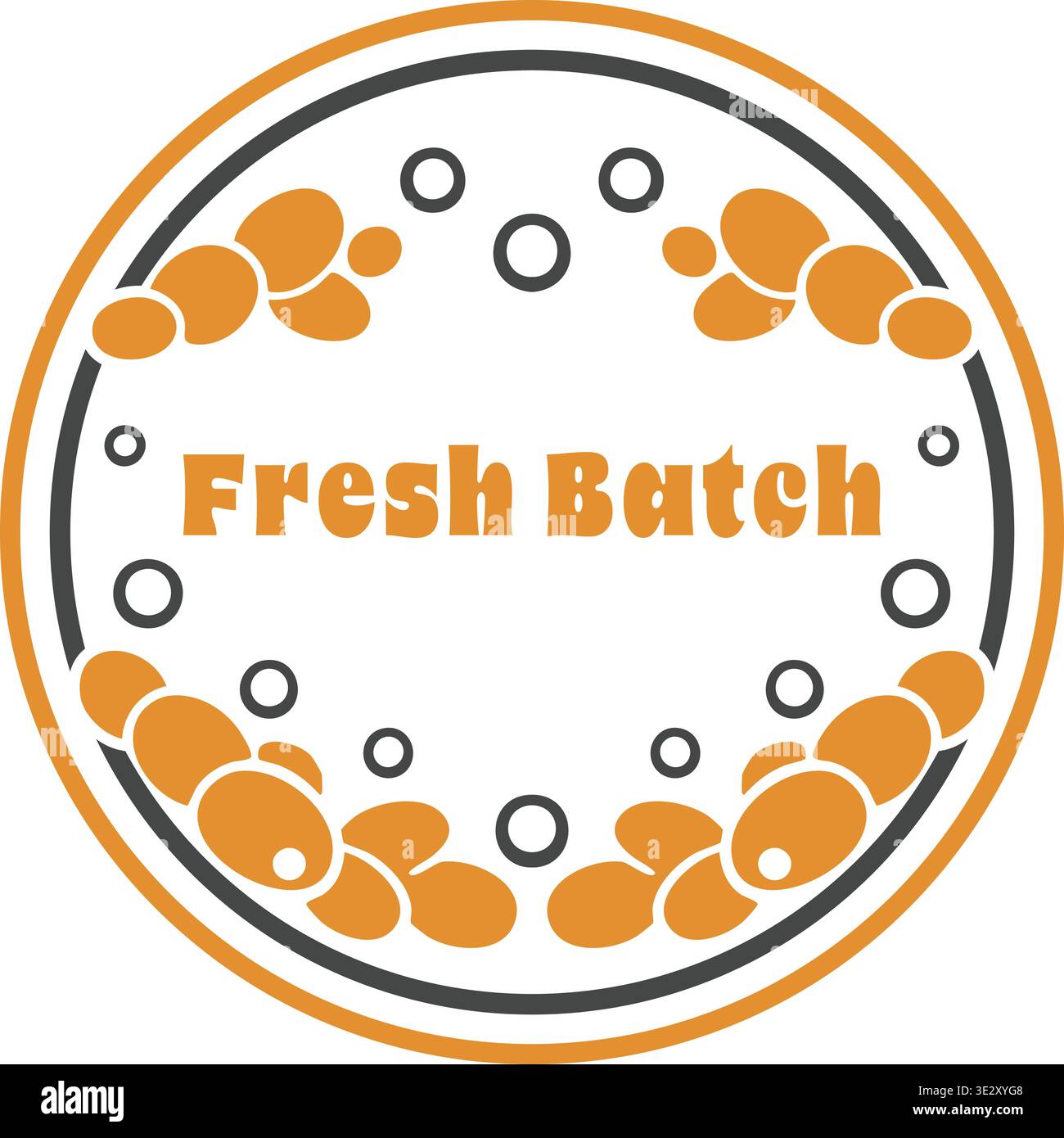 Illustrazione decorativa rotonda dell'etichetta con testo in batch fresco al centro con un bordo di forme di fagioli sparse e accenti circolari punteggiati. Illustrazione Vettoriale