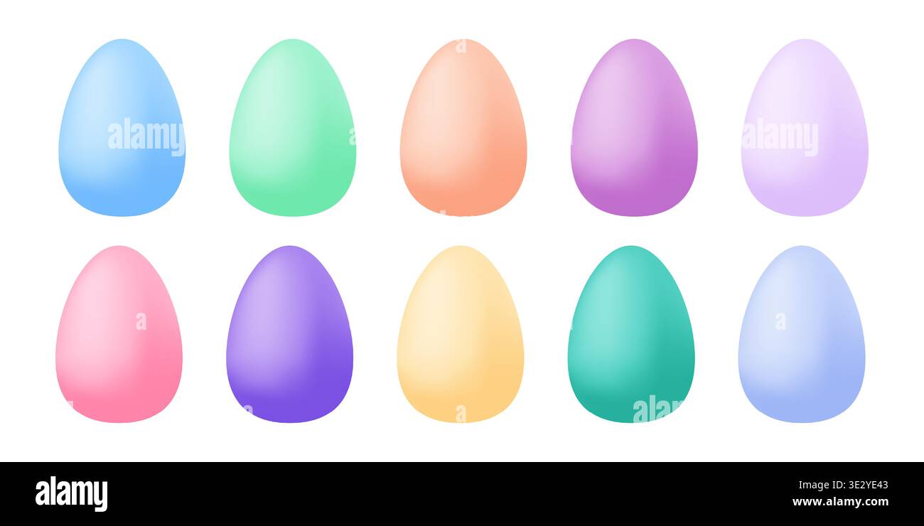 Set di uova di Pasqua color pastello. Uova di Pasqua pastello colorate in sfumature delicate su sfondo bianco, allestimenti per le festività primaverili. Illustrazione Vettoriale