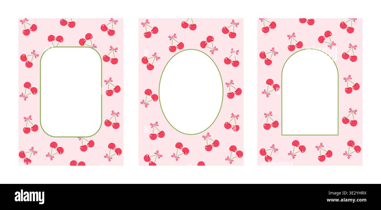 Set di tre modelli di cornice Cherry su sfondo rosa. Graziosi bordi verticali per inviti e design digitale. Illustrazione Vettoriale
