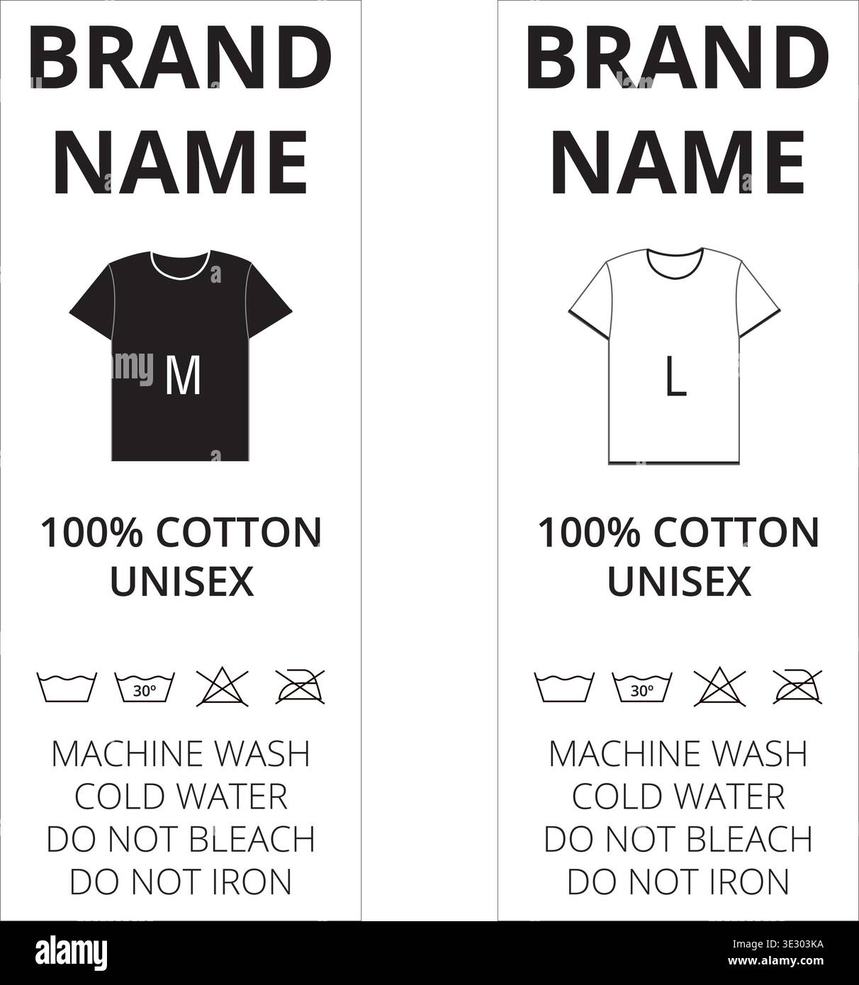 Due modelli di tessera per la cura dell'abbigliamento con istruzioni di lavaggio isolate su sfondo bianco Illustrazione Vettoriale